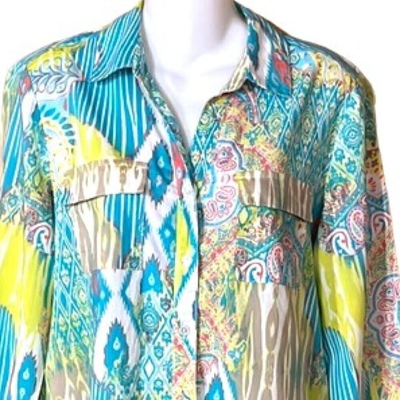 NWOT Chico's Multi Color Paisley Button Down Collared Shirt 3/4 Sleeve Cotton - Picture 2 of 11